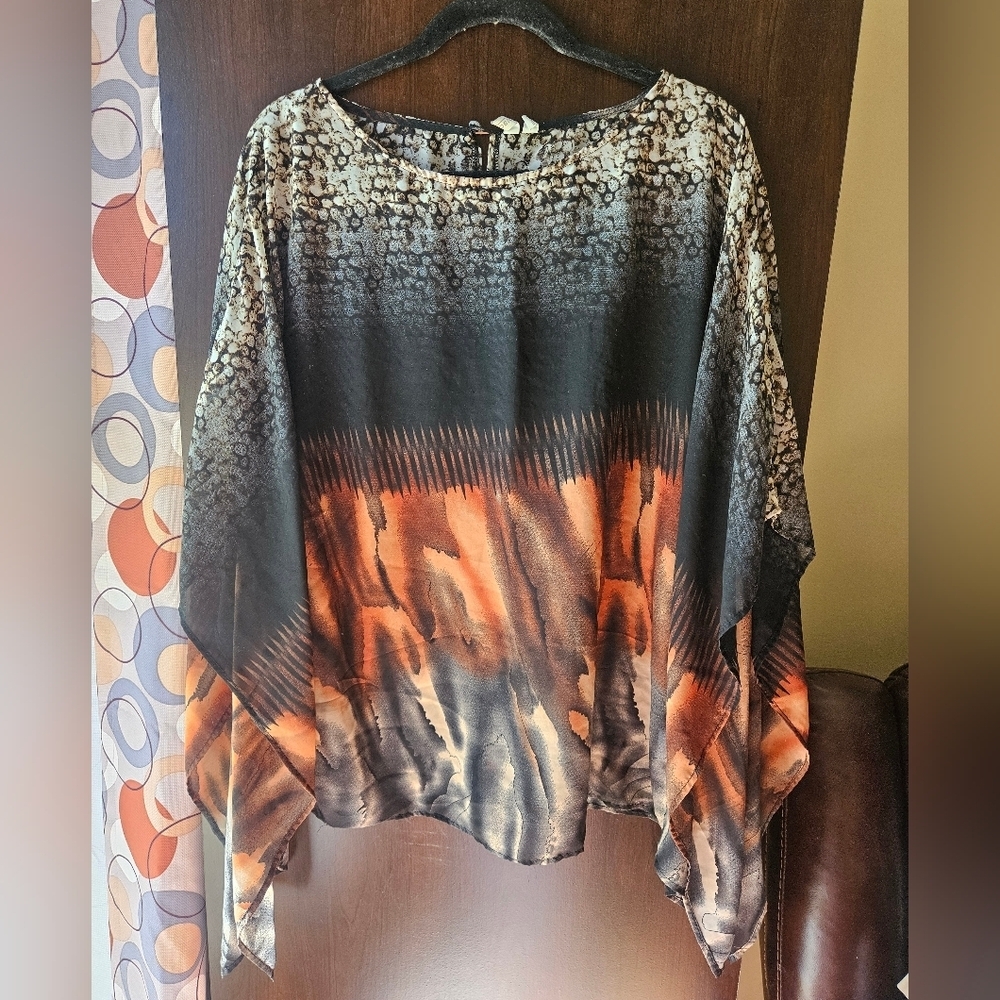 Elegant Black and Orange Women's Sheer Top Size Large